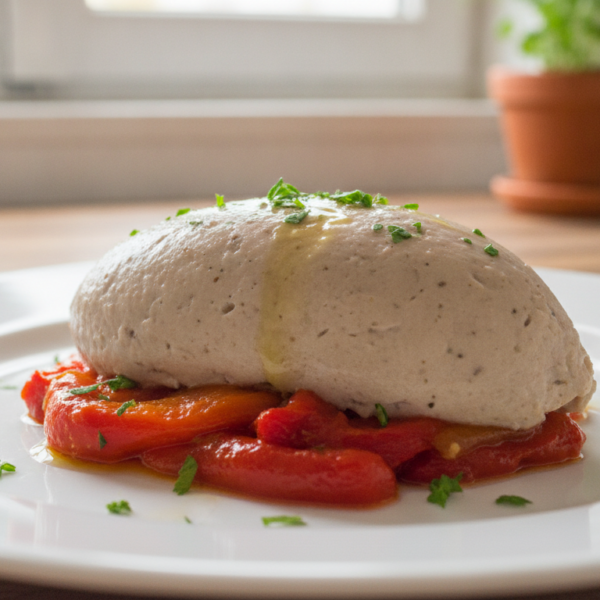Mousse de berenjena cremosa desmoldada con fondo de pimientos de piquillo