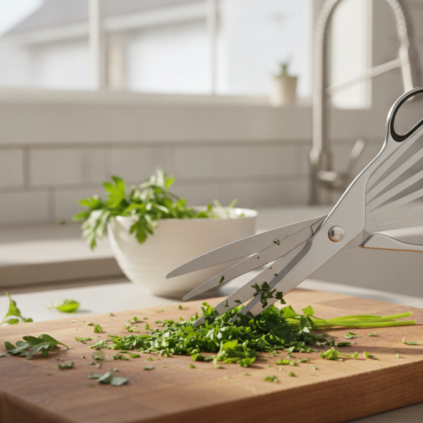 Tijeras de cocina multihojas cortando hierbas frescas sobre tabla de madera