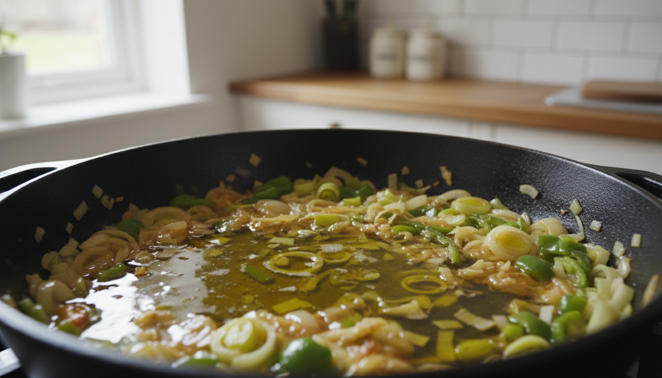 Sofrito de cebolla, puerros y pimiento verde para el marmitako