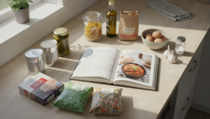 El libro Cocina para impostores de Falsarius Chef junto a conservas y productos de supermercado
