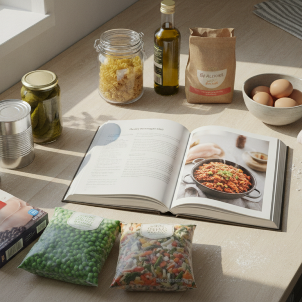 El libro Cocina para impostores de Falsarius Chef junto a conservas y productos de supermercado