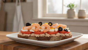 Sándwich marino de atún con langostinos, huevo y aceitunas sobre pan alemán