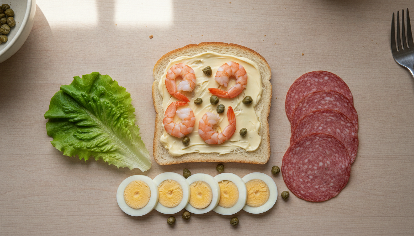 Sándwich tropical con gambas, salami y alcaparras 1 Ingredientes del sándwich tropical dispuestos sobre el pan antes de montar: gambas, salami, huevo y alcaparras