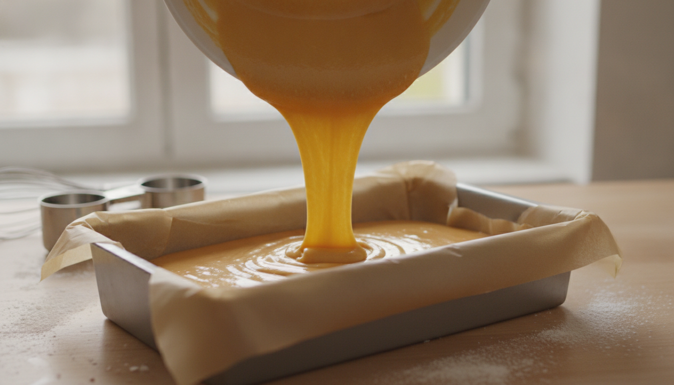 Coca de naranja esponjosa: receta casera 2 Vertiendo la masa de coca de naranja en el molde forrado con papel de horno