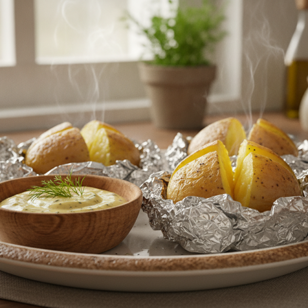 Patatas asadas al horno en papel de aluminio con salsa de yogur y mostaza