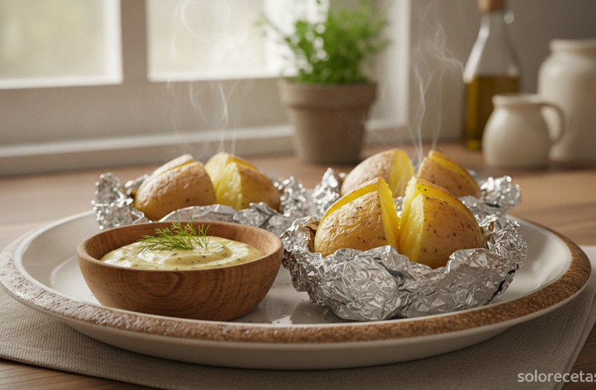 Patatas asadas al horno en papel de aluminio con salsa de yogur y mostaza