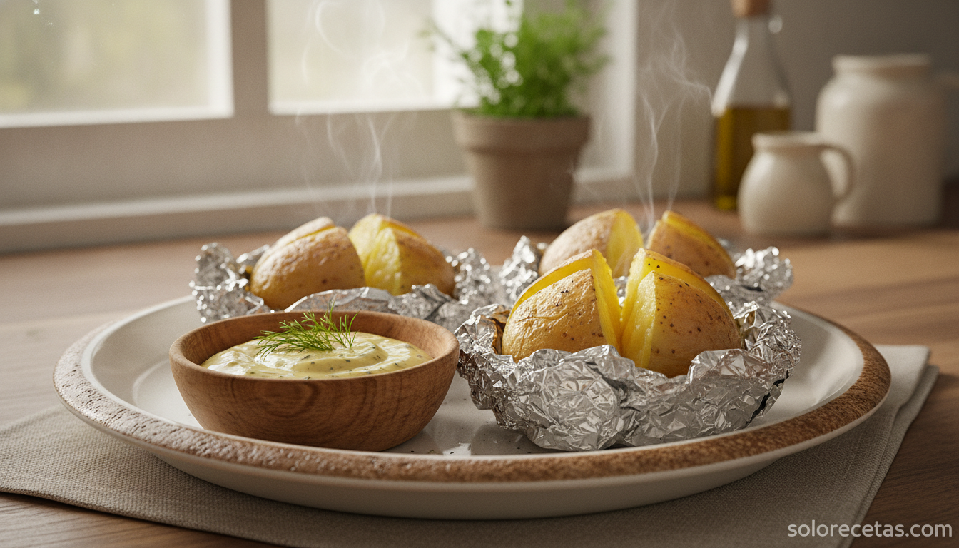 Patatas asadas al horno en papel de aluminio con salsa de yogur y mostaza