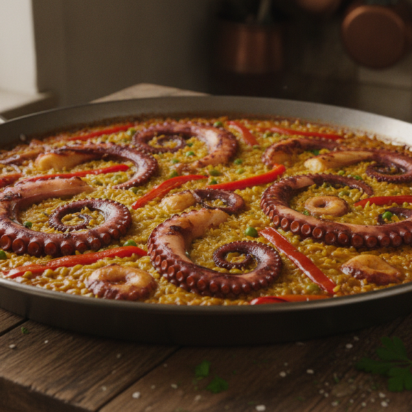 Paella de pulpo con arroz al azafrán y pimientos