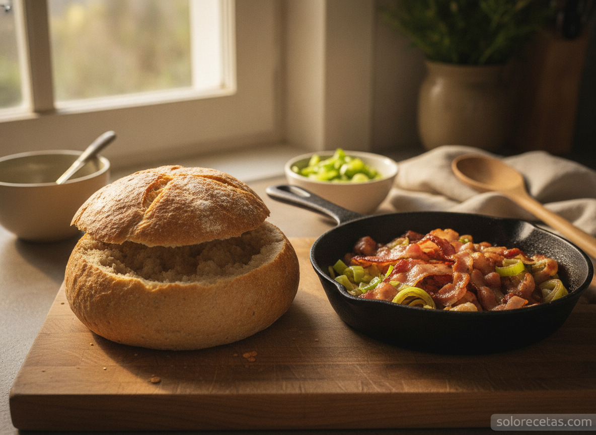 Bocadillo de huevo con bacon en panecillo al horno 1 Panecillo vaciado y sofrito de bacon con puerro para el relleno