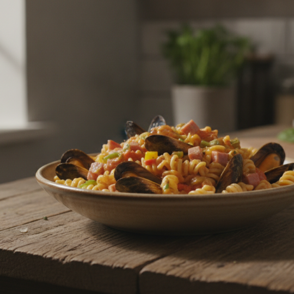Pasta con mejillones y jamón en salsa cremosa de tomate