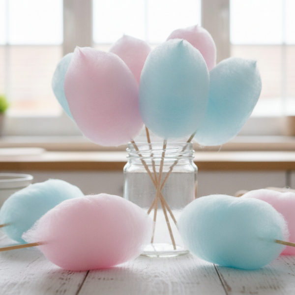 Algodón de azúcar casero rosa y azul en palitos de madera