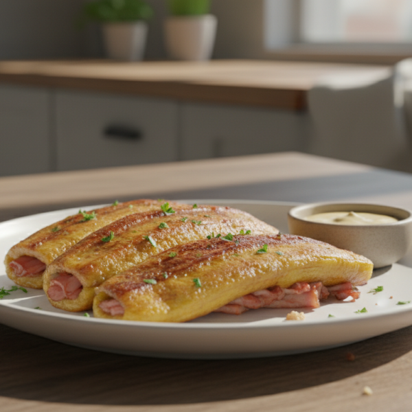 Plátanos rellenos de jamón al horno en plato de cerámica