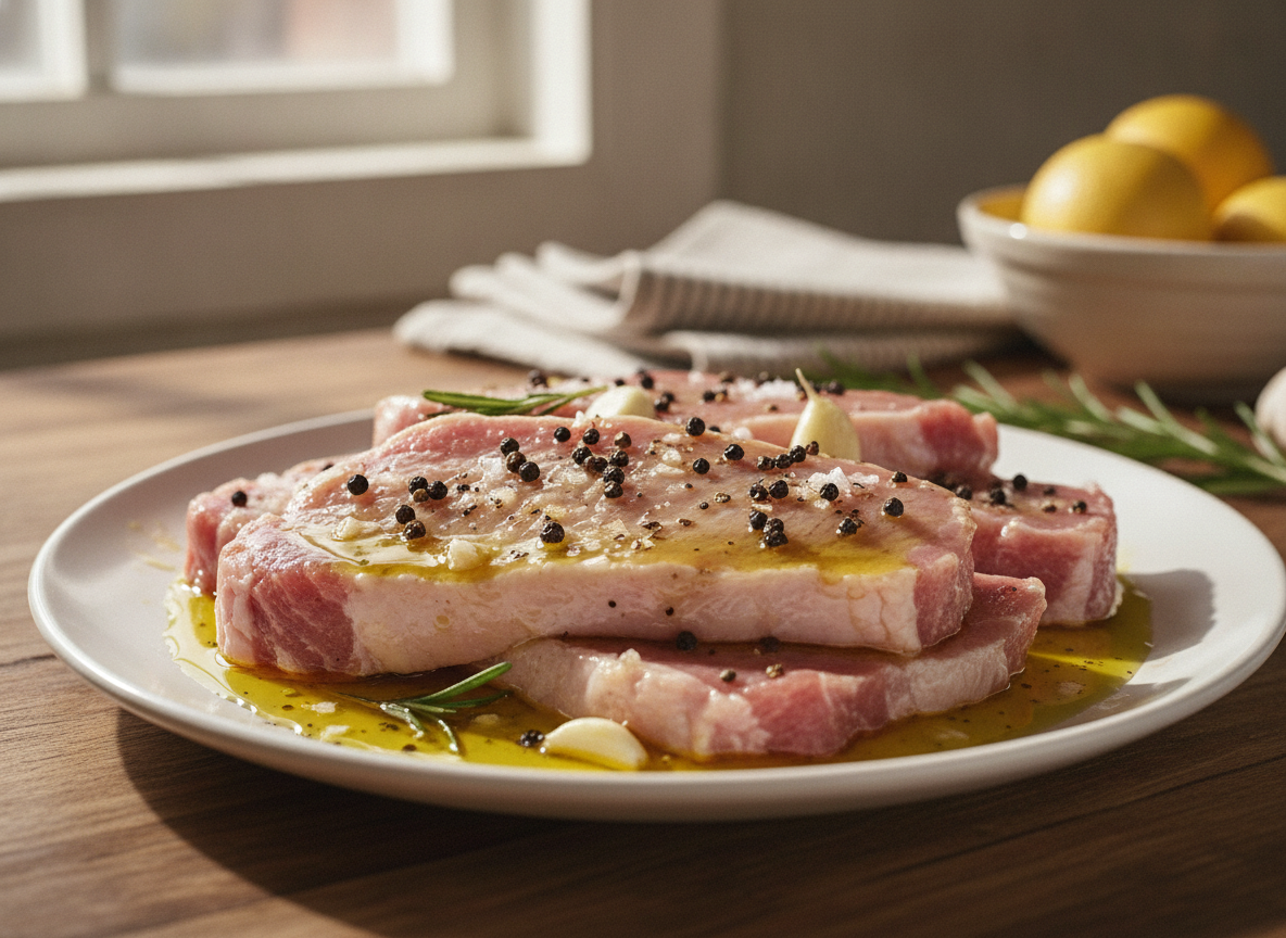 Filetes de Lomo a Caballo con Paté, Huevo y Salsa de Limón 1 Filetes de lomo macerando en aceite, sal y pimienta