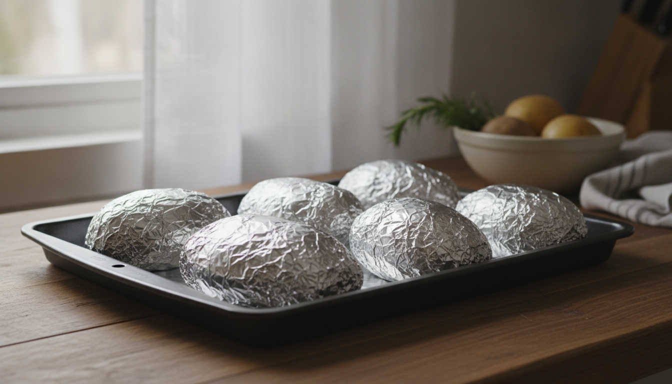 Patatas envueltas en papel de aluminio listas para meter al horno