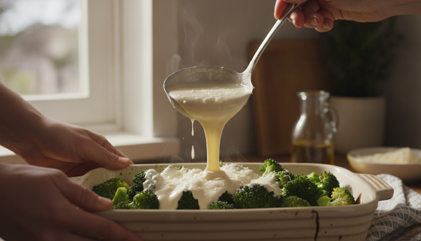Brócoli gratinado con queso parmesano al horno 2 Verter la salsa de nata con parmesano sobre el brócoli en la fuente