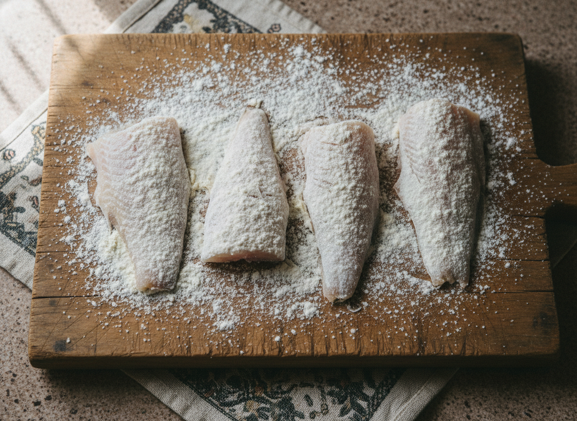 Filetes de faneca pasados por harina antes de freír