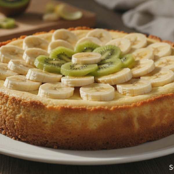 Pastel de requesón al horno decorado con rodajas de plátano y kiwi