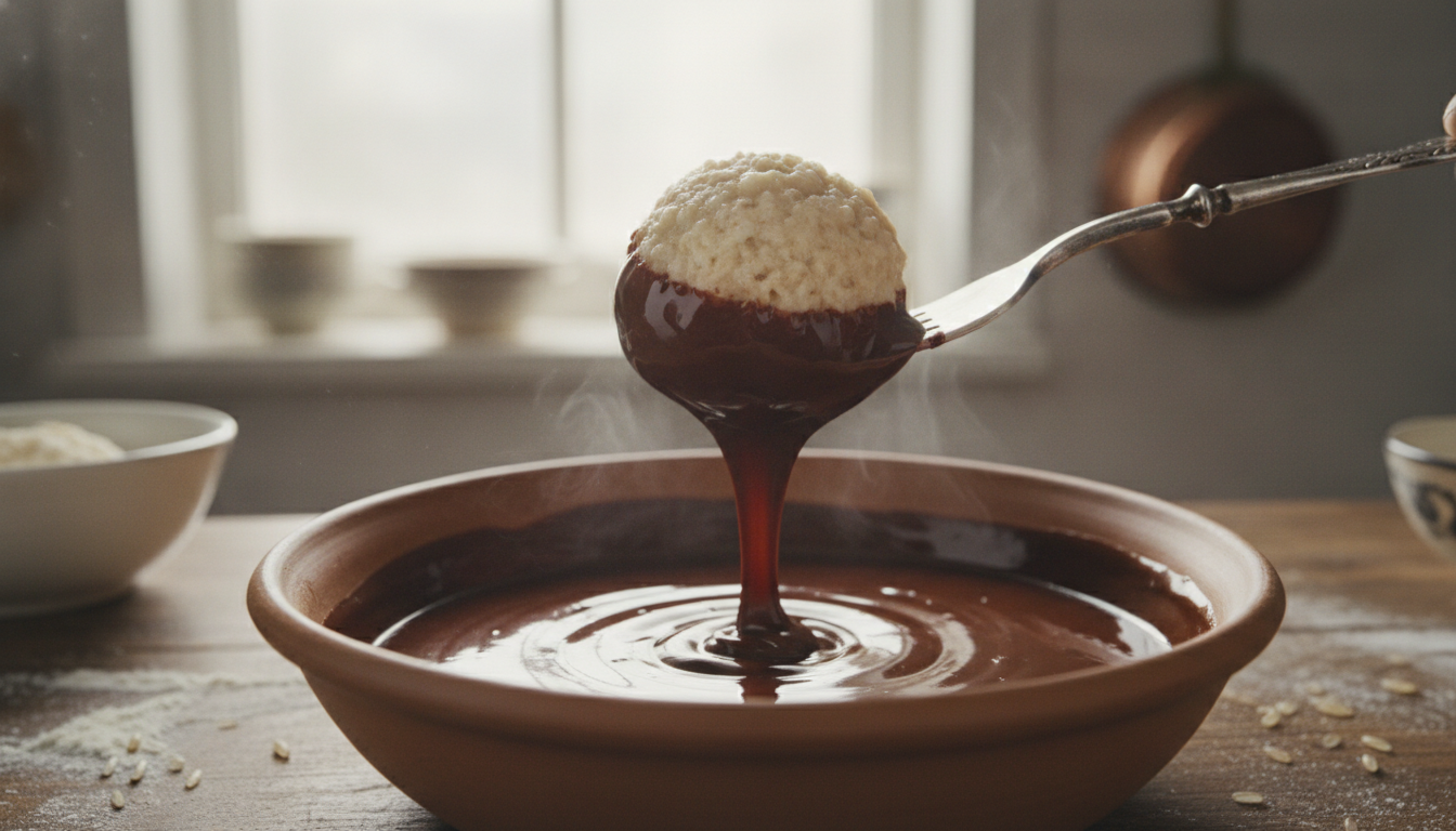 Bombones de arroz con leche y chocolate negro 2 Bañando los bombones de arroz en chocolate fundido