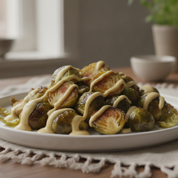 Coles de Bruselas a la mostaza servidas en plato blanco con salsa cremosa