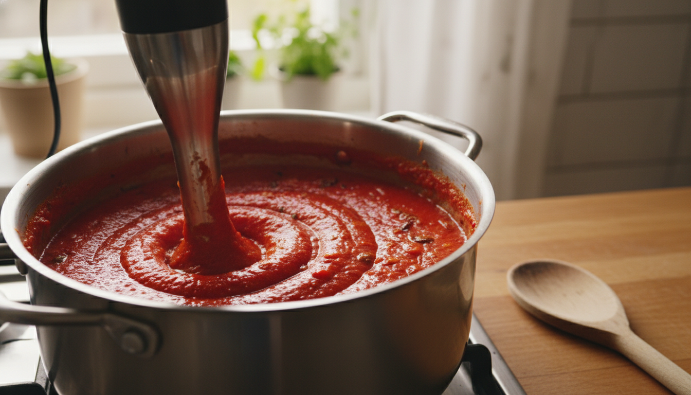 Salsa de pimientos rojos asados con ajo y cebolla antes de triturar