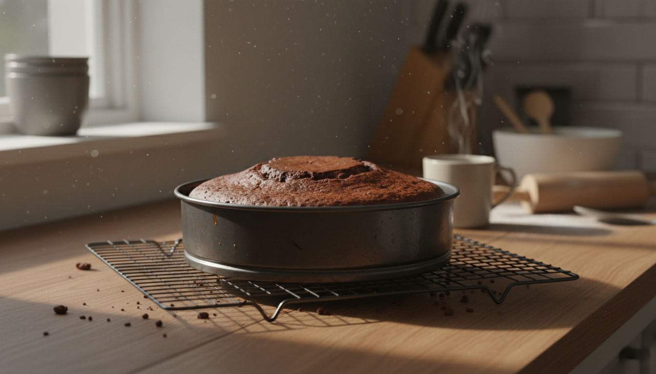 Bizcocho de chocolate recién sacado del horno enfriándose sobre rejilla
