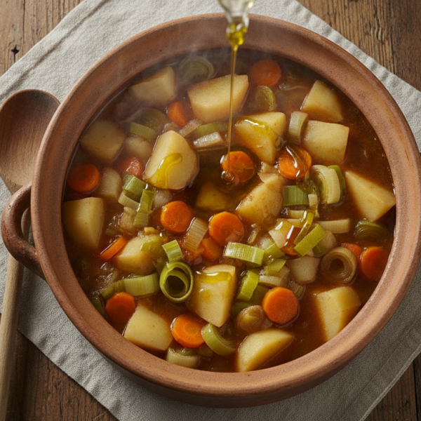 Guiso reconfortante de patatas con puerros y zanahoria en cazuela de barro