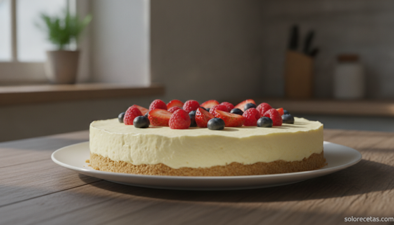 Semifrío de queso y frutas rojas sobre base de galleta