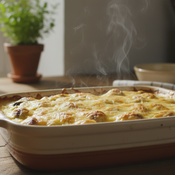 Setas gratinadas con bechamel dorada en fuente de horno