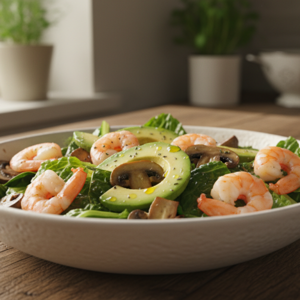 Ensalada de gambas y champiñones con aguacate en bol blanco