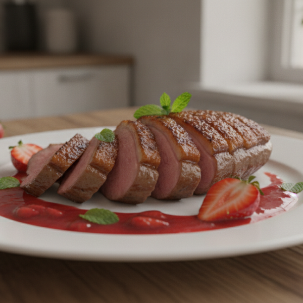 Magret de pato fileteado con salsa de fresones y cinco pimientas