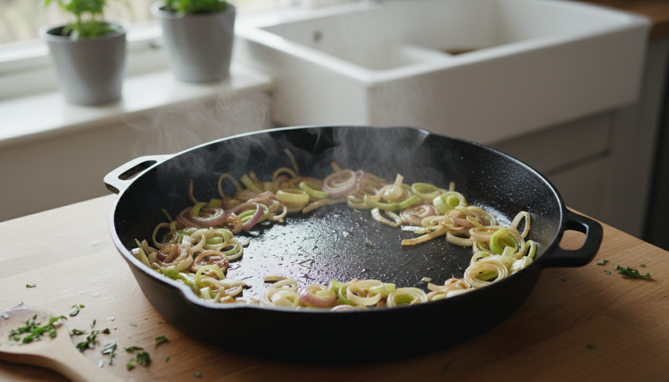 Puerros y cebolla sof riéndose en aceite de oliva en sartén