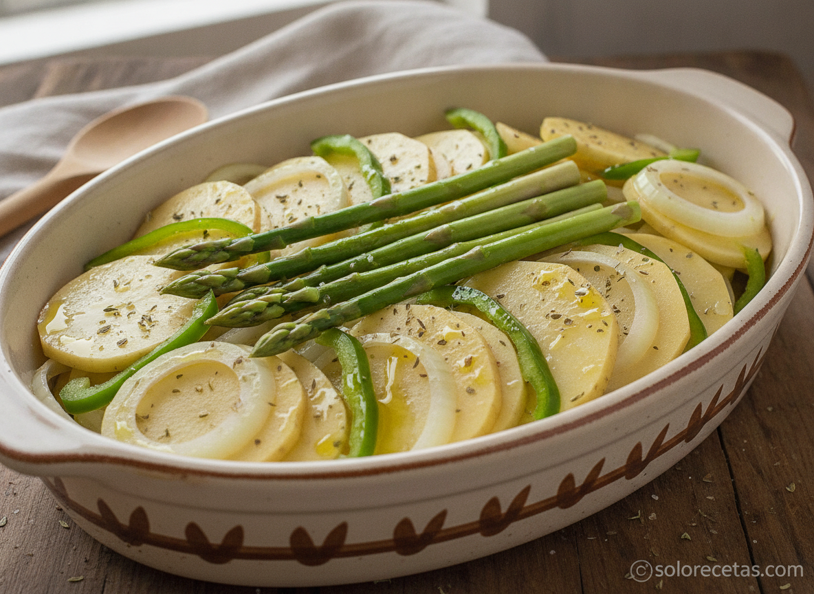 Salmonetes al horno con patatas y espárragos 1 Cama de patatas, cebolla, pimiento y espárragos en fuente de horno