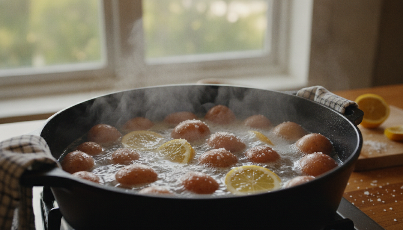 Papas arrugas con mojo picón: receta canaria 1 Papas pequeñas cociendo con sal gruesa y limón en cazuela