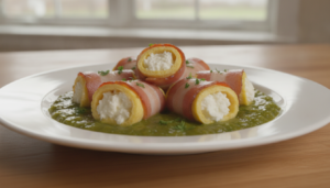 Rollitos de panceta con queso y salsa de pimiento verde