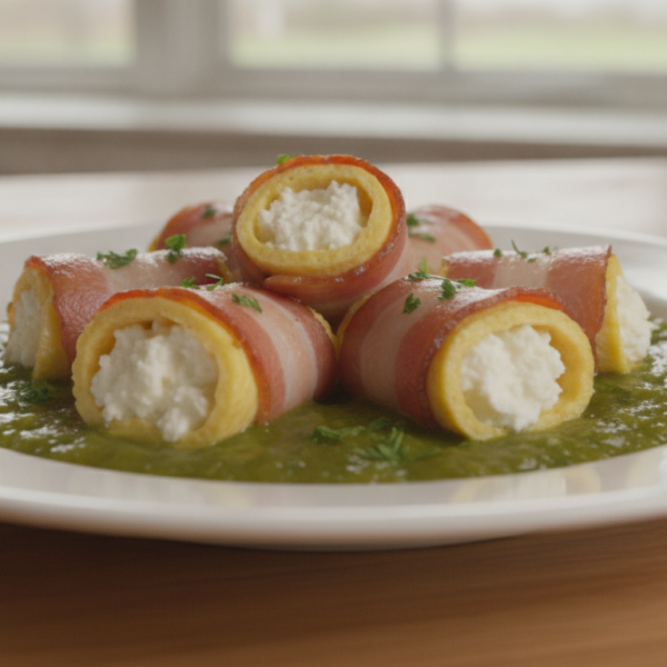 Rollitos de panceta con queso y salsa de pimiento verde