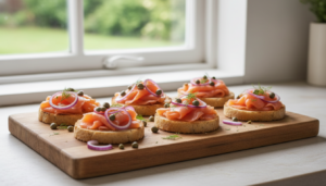 Tapas de salmón ahumado sobre pan tostado con alcaparras y cebolla roja