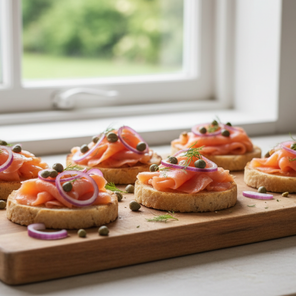 Tapas de salmón ahumado sobre pan tostado con alcaparras y cebolla roja