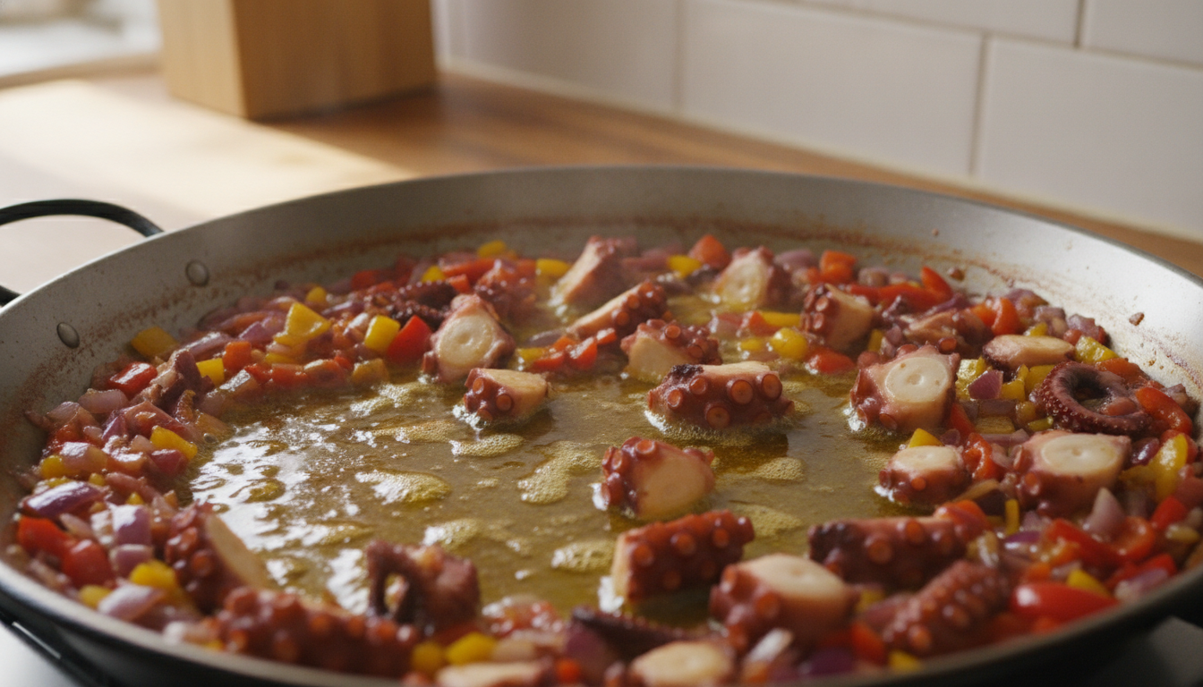 Sofrito de cebolla y pimiento con pulpo en la paellera