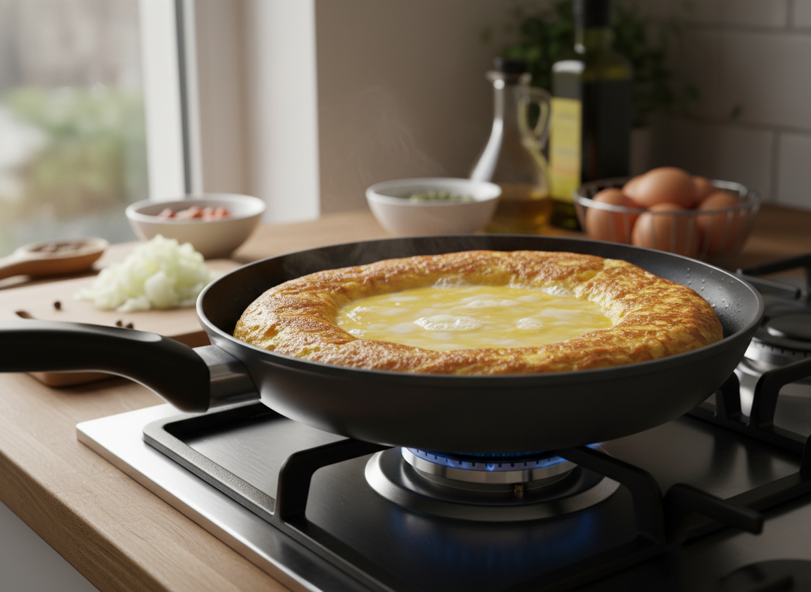 Tortilla de patatas chips cuajando en la sartén con los bordes dorados
