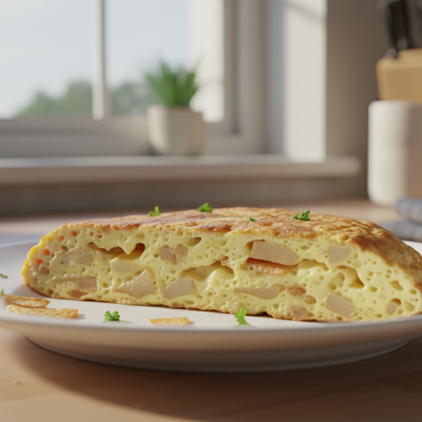 Tortilla de patatas chips cortada mostrando el interior jugoso