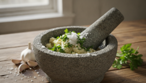 Mortero de piedra con ajo machacado y perejil fresco con sal gruesa