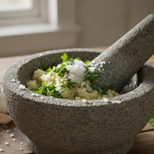 Mortero de piedra con ajo machacado y perejil fresco con sal gruesa