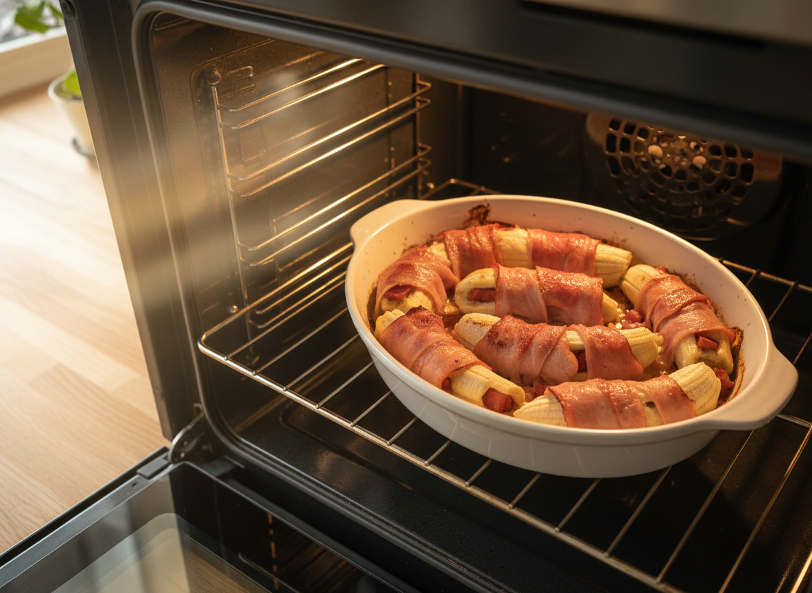 Plátanos rellenos de jamón en fuente de horno listos para hornear