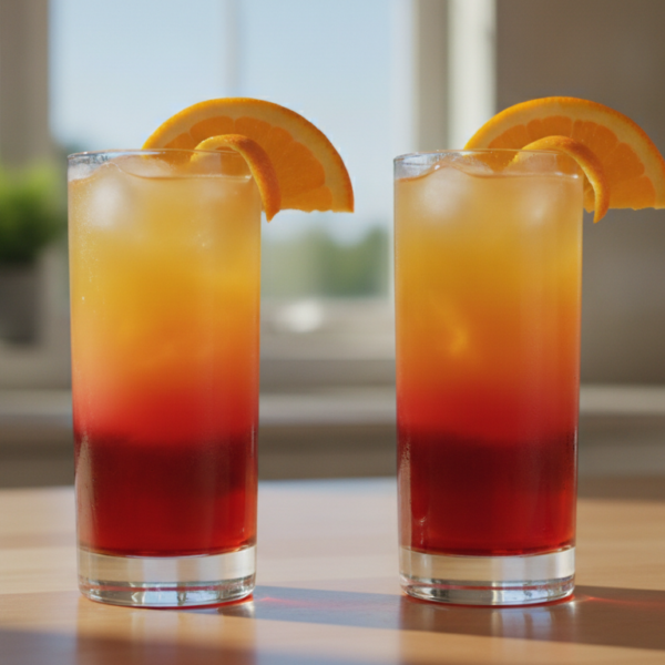 Cóctel de tequila con naranja y granadina en vasos altos con hielo y naranja