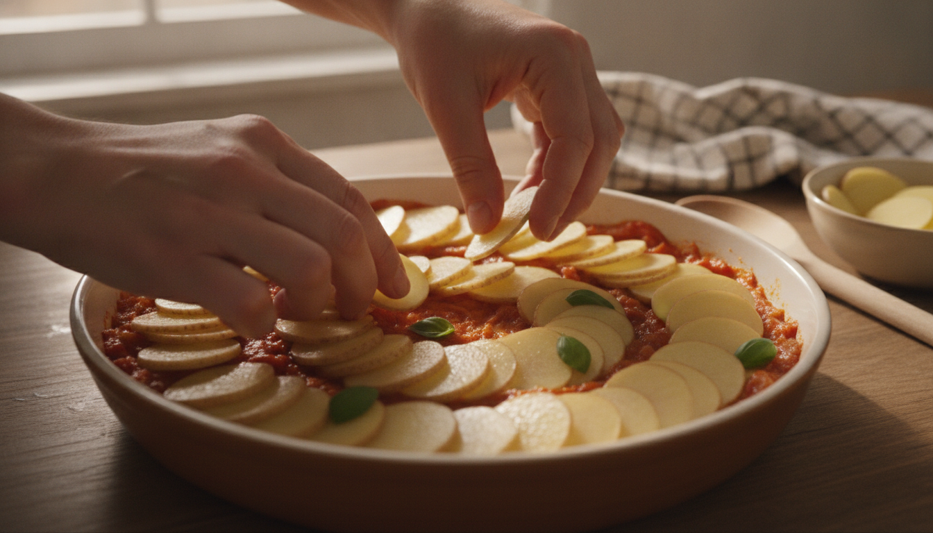 Patatas a la lionesa: receta con salsa de cebolla 1 Montando capas de patatas sobre la salsa de cebolla y tomate en la fuente de horno