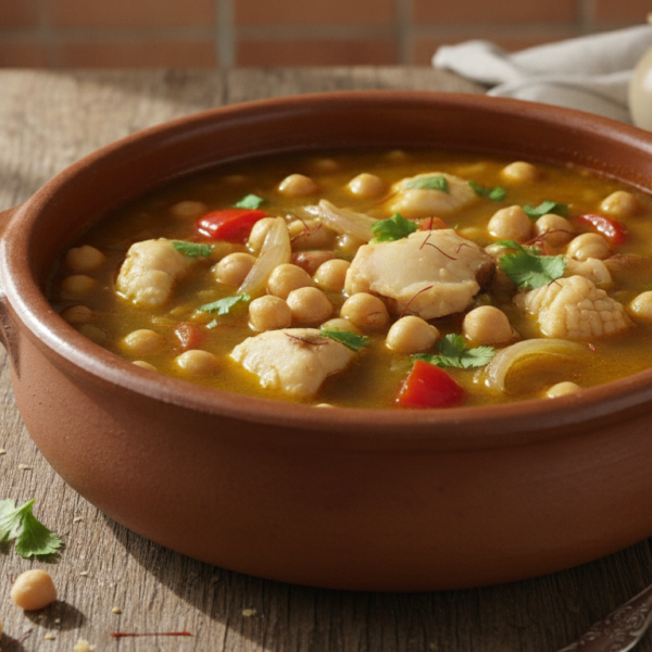 Guiso de garbanzos con choco en cazuela de barro