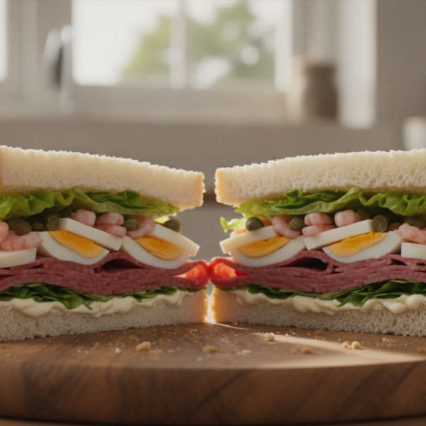 Sándwich tropical cortado por la mitad con gambas, salami, huevo y alcaparras