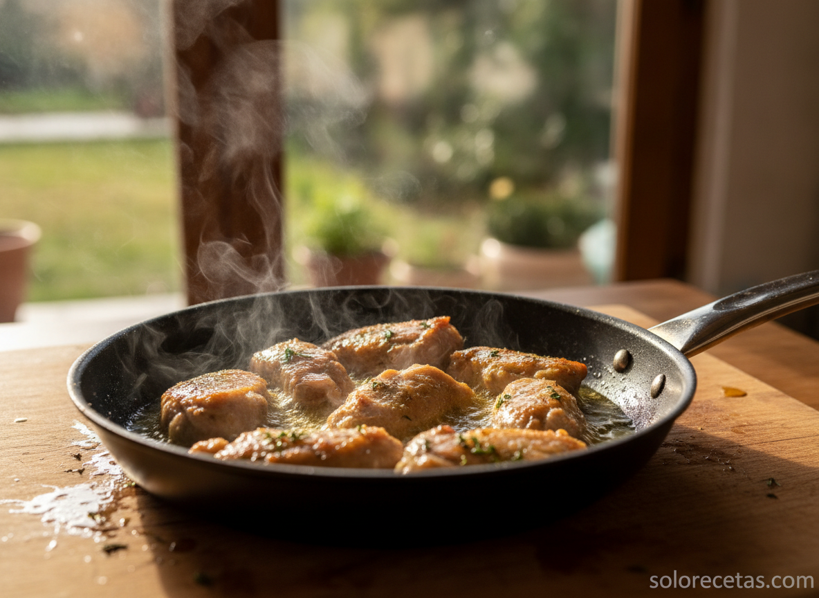 Conejo con lentejas estofado: receta tradicional 1 Trozos de conejo dorándose en sartén con aceite de oliva caliente