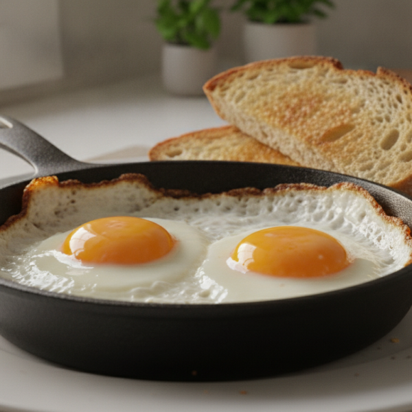 Huevos fritos perfectos en sartén con bordes dorados y yema líquida
