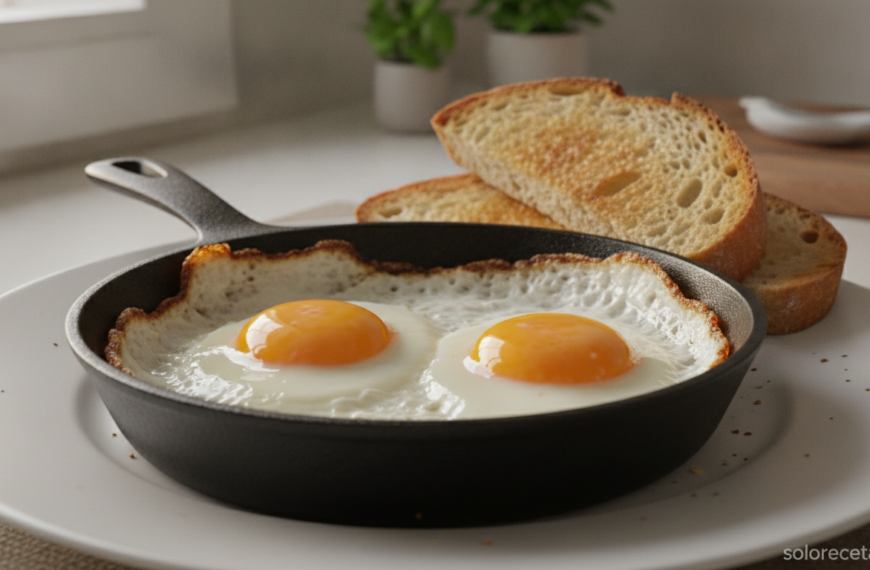 Huevos fritos perfectos en sartén con bordes dorados y yema líquida